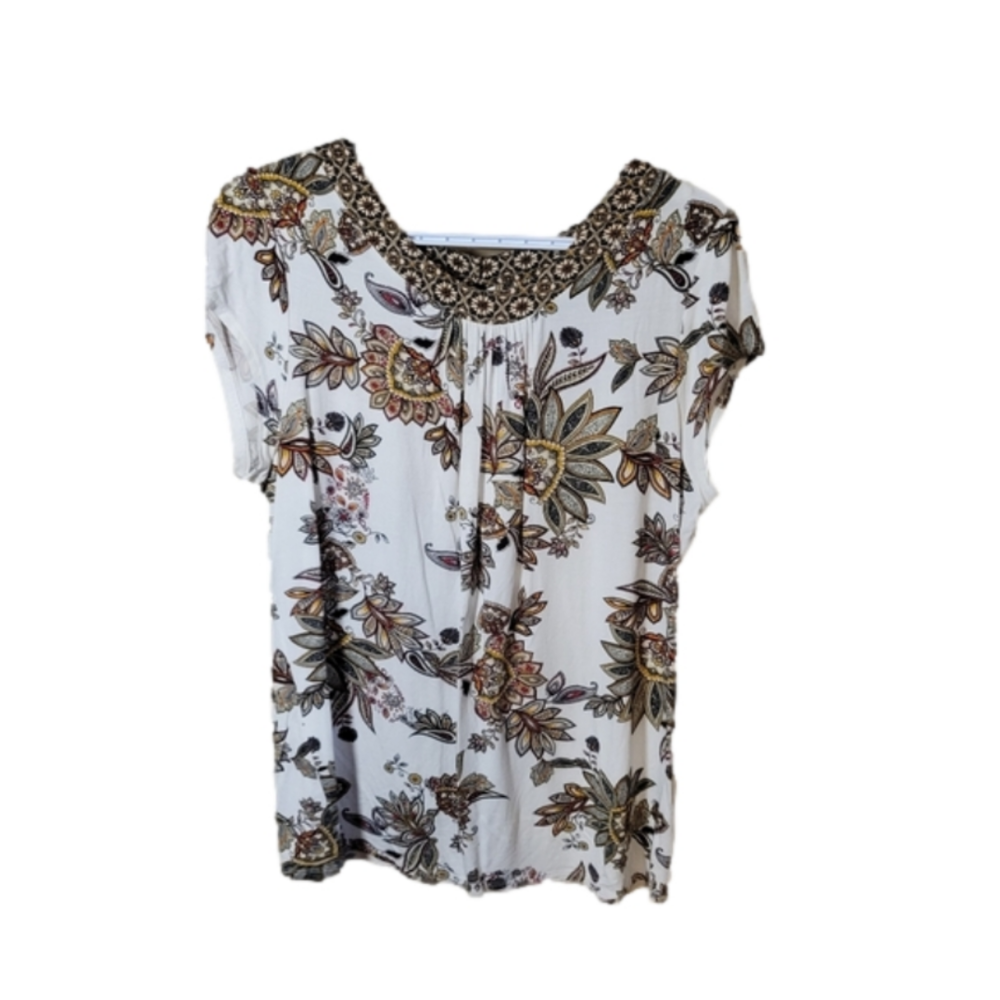 Wallis uk, us12 floral print cap sleeve professional tee back key hole neutral